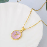 Aurora Round Pink Shell Gold Initial Necklace